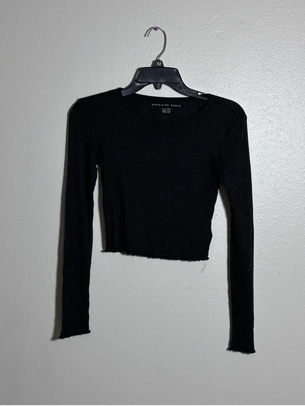 American Eagle Black Ribbed Long-Sleeve Crop Top - Slim Fit